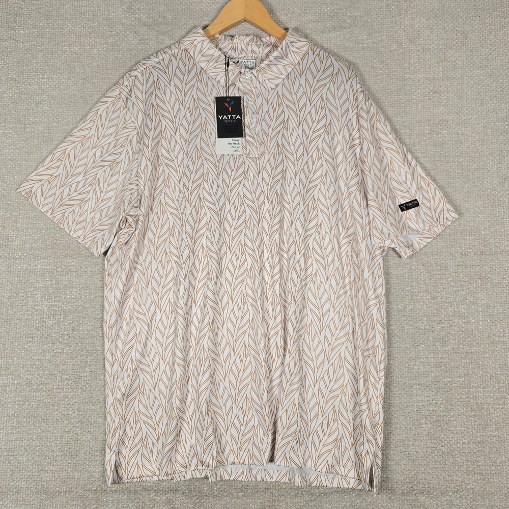 Yatta‎ Golf Mens 2XL Polo Shirt Tan White Leaf Print Performance Stretch NWT
